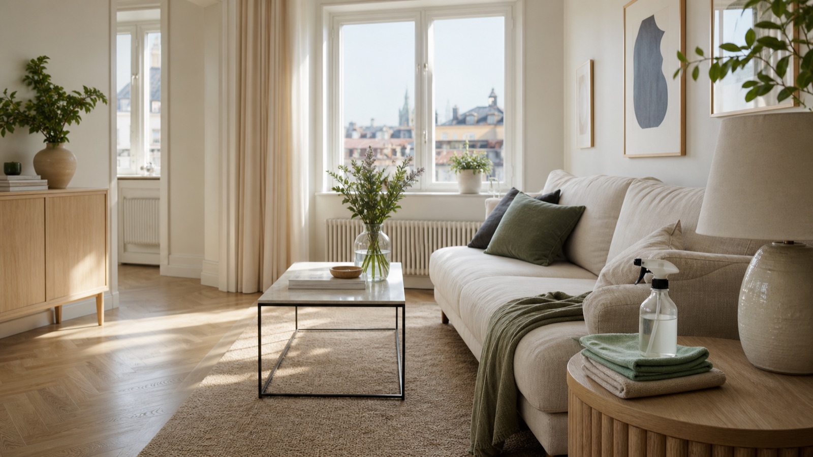 Ljust och nystädat vardagsrum i en Stockholmslägenhet